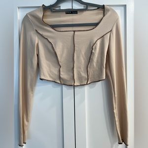 Tan & Brown Long Sleeve Cropped Top